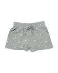 Grey cotton shorts with pockets and a scatter dot daisy pattern all over