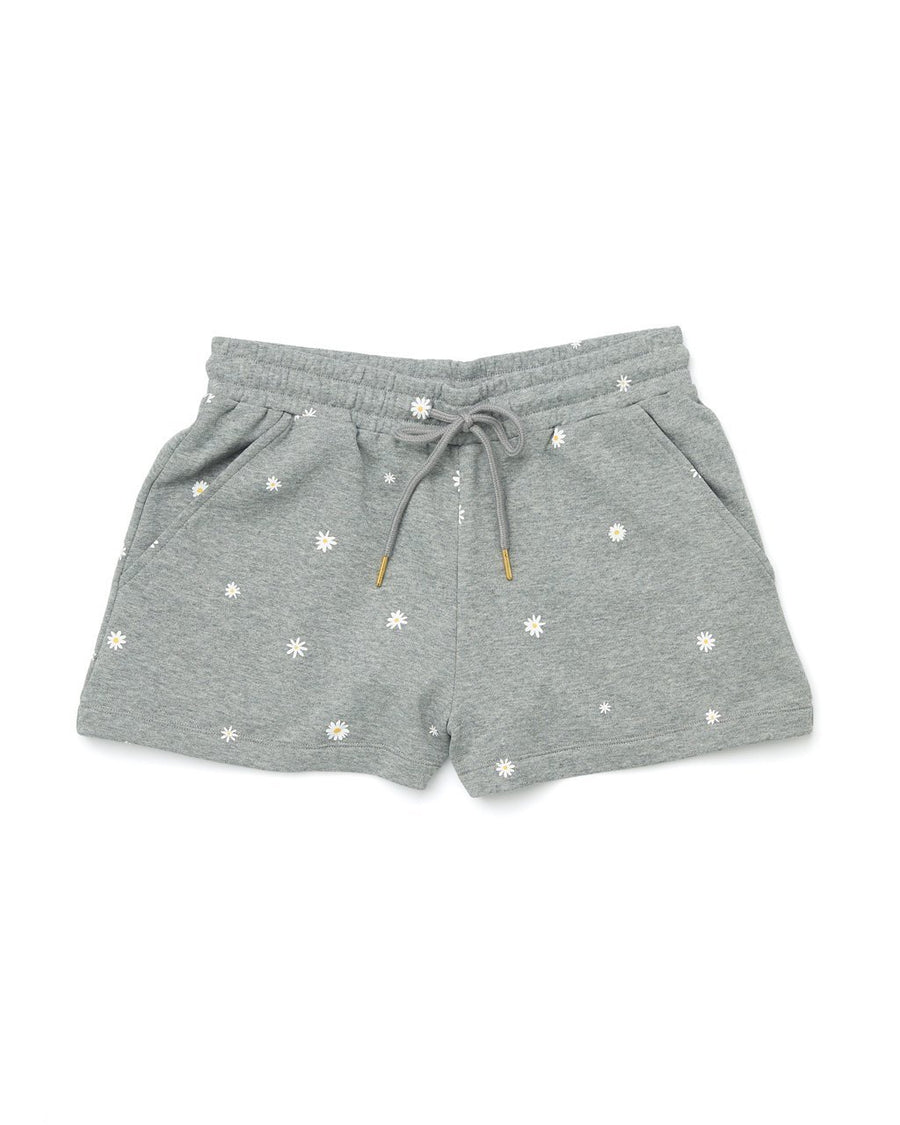 Grey cotton shorts with pockets and a scatter dot daisy pattern all over