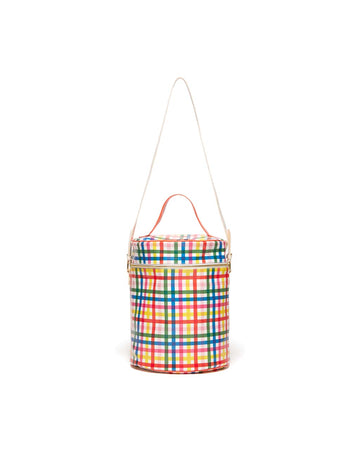 This Cooler Bag comes in a rainbow plaid pattern.