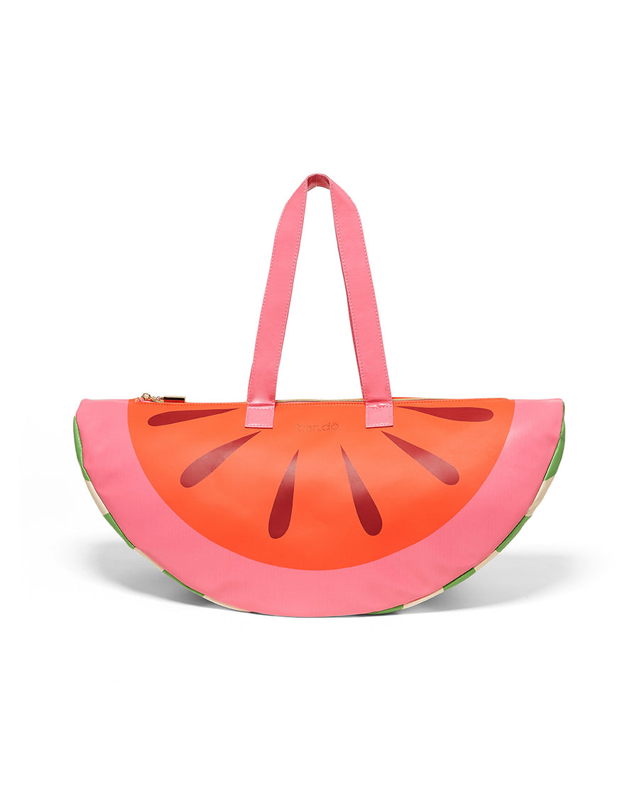 front view of abstract watermelon print cooler bag