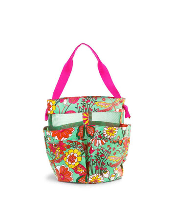 water resistant shower caddy with four pockets, hot pink strap and mint and butterfly print