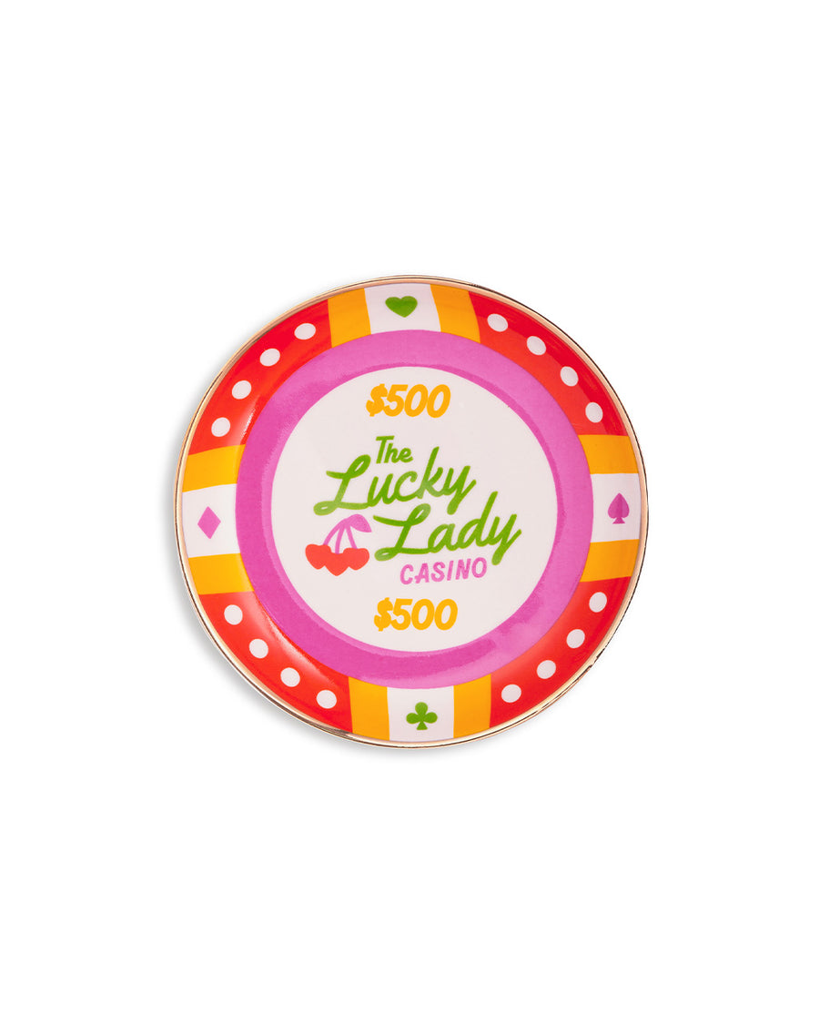 poker chip trinket tray with colorful print with 'the lucky lady casino $500' across the front