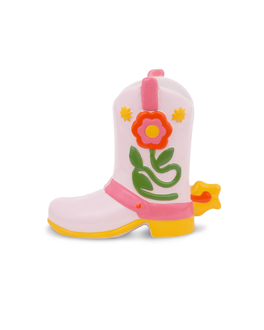 pink cowboy boot vase with yellow and floral accents