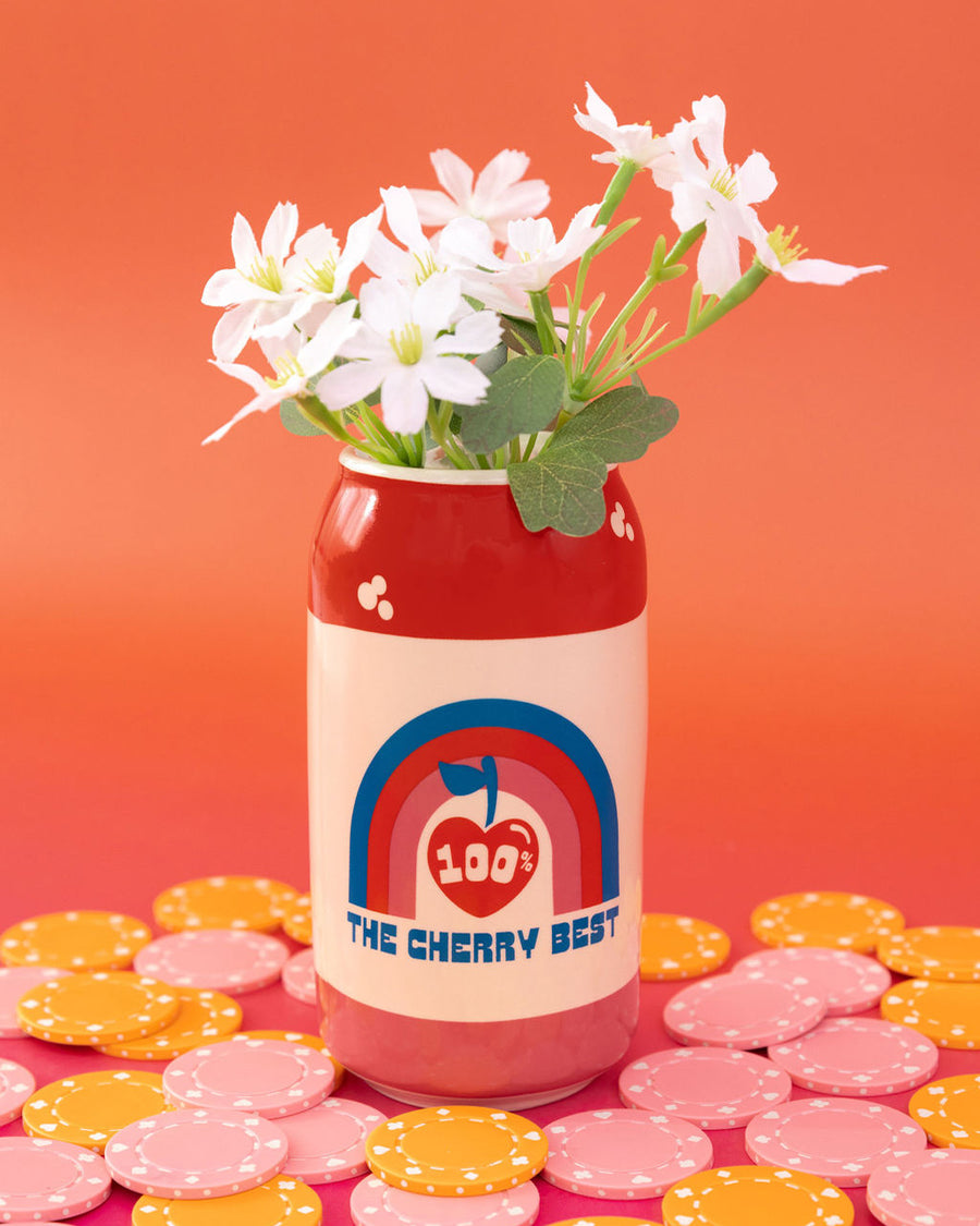 backview of lucky cherry cream soda can vase with flowers