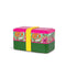 side view of two plastic stacking bento boxes with hot pink lid, mint floral print, and dark green solid. both wrapped with yellow elastic