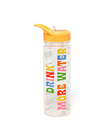 yellow and multicolor water bottle that says 'drink more water'