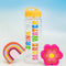 editorial image of yellow and multicolor water bottle that says 'drink more water' and rainbow and flower de-stress ball