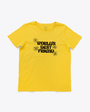 yellow crew neck tee with 'world's best friend' in black lettering