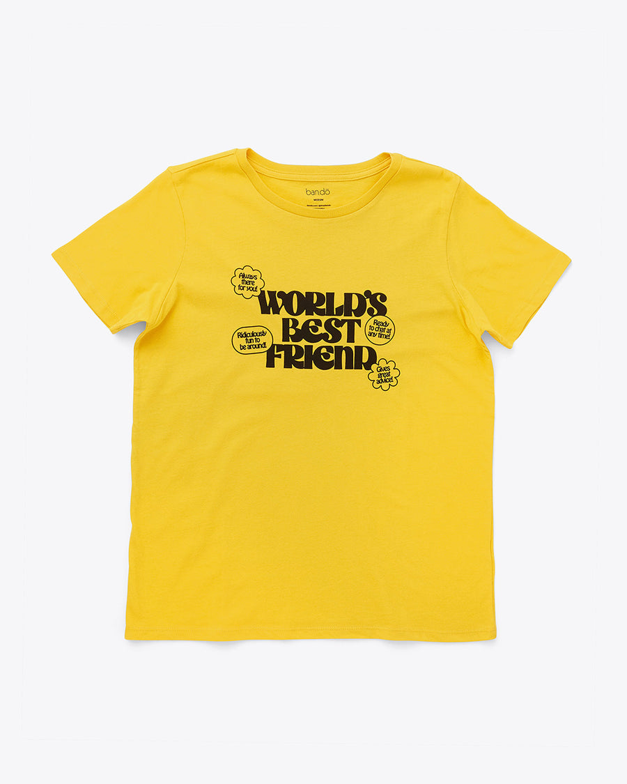 yellow crew neck tee with 'world's best friend' in black lettering