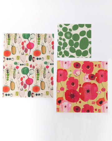 set of 3 food wraps each featuring a different design